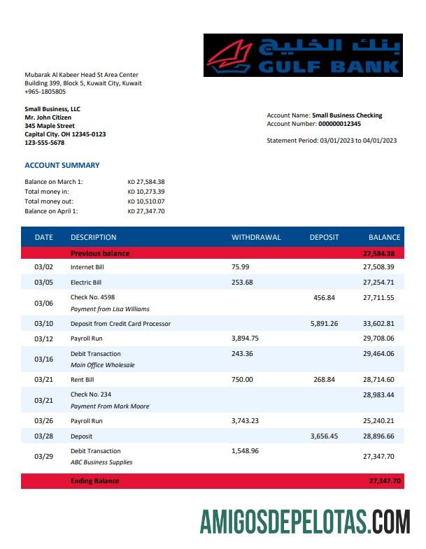 Baixável Gulf empresa bancária extrato de conta modelo Word e PDF